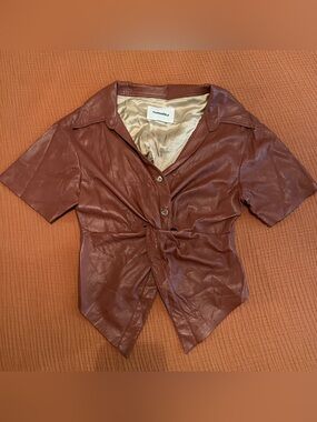 Nanushka Rust-Brown Faux Leather Tie-Front Short Sleeve Top